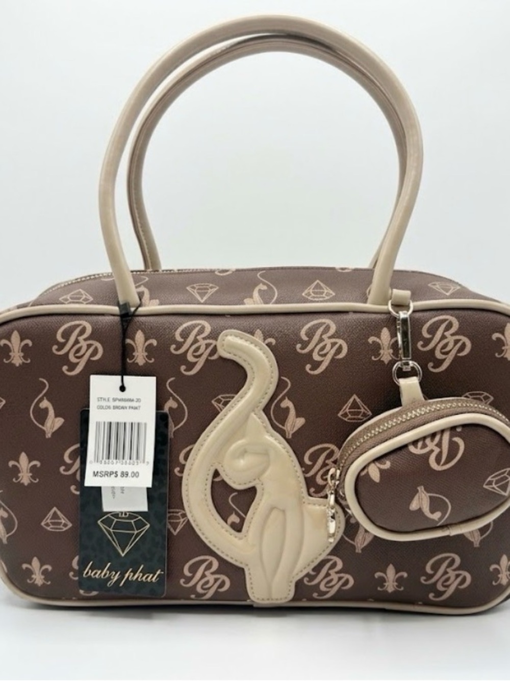 Baby Phat Brown Satchel with Beige Cat Accent and Coin Pouch